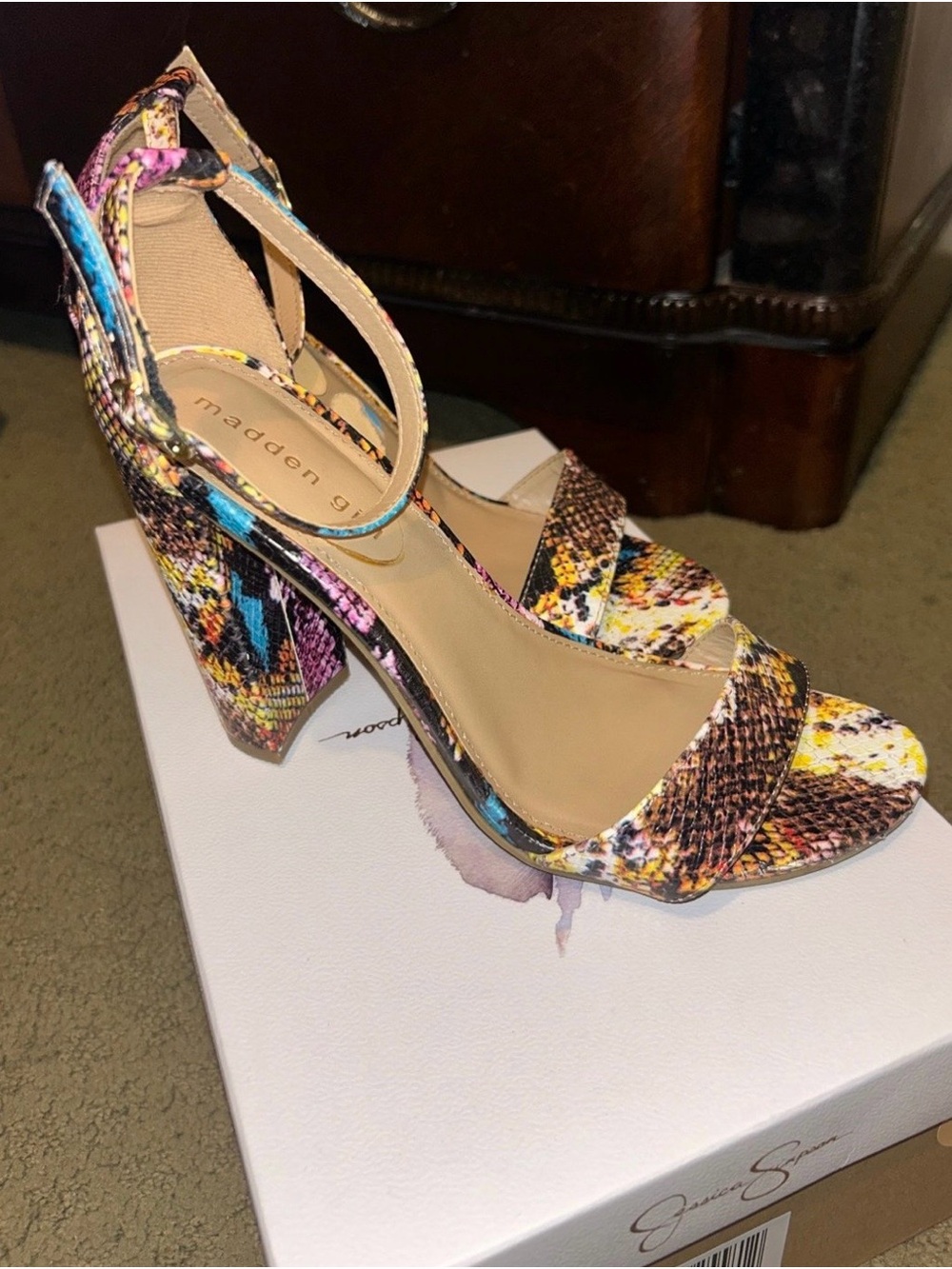 Madden Girl Multicolor Snakeskin Block Heel Sandals - Yellow Pink Blue